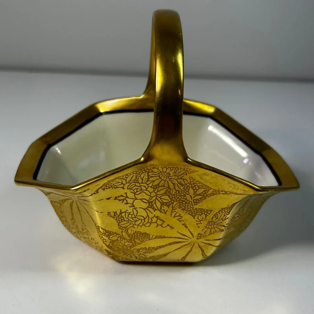 Noritake Japan Gold Encrusted Floral Porcelain Hexagon Basket  Handle Vintage